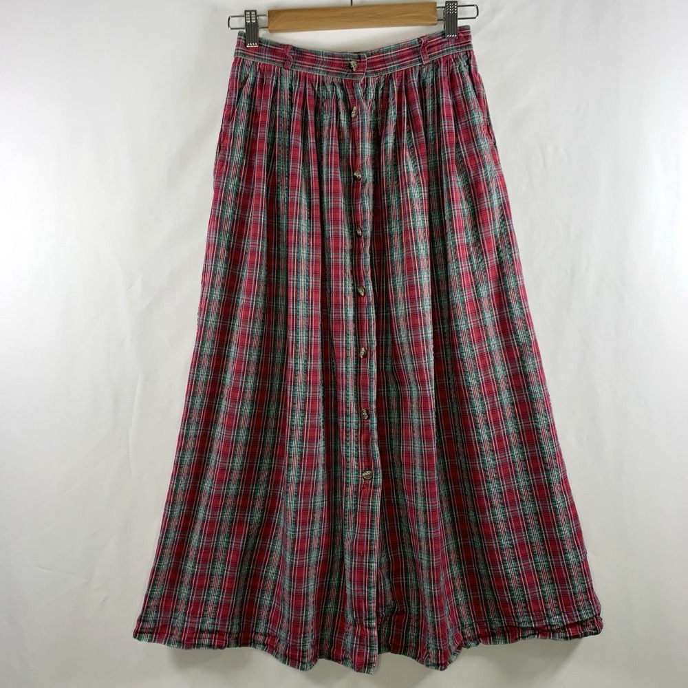 VTG Susan Bristol Seersucker Plaid Button Front Maxi Skirt XS/S Cottage Academia